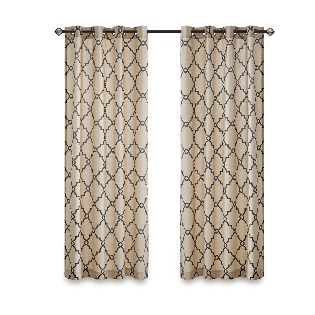 Fretwork Print Grommet Top Window Curtain Panel Only 1 Pc Panel Khaki Black Polyester