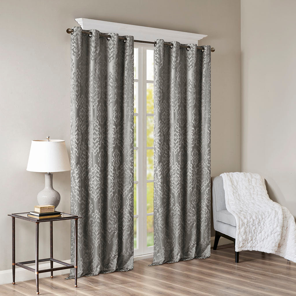 Knitted Jacquard Da Total Blackout Grommet Top Curtain Panel Only 1 Pc Panel Charcoal Polyester