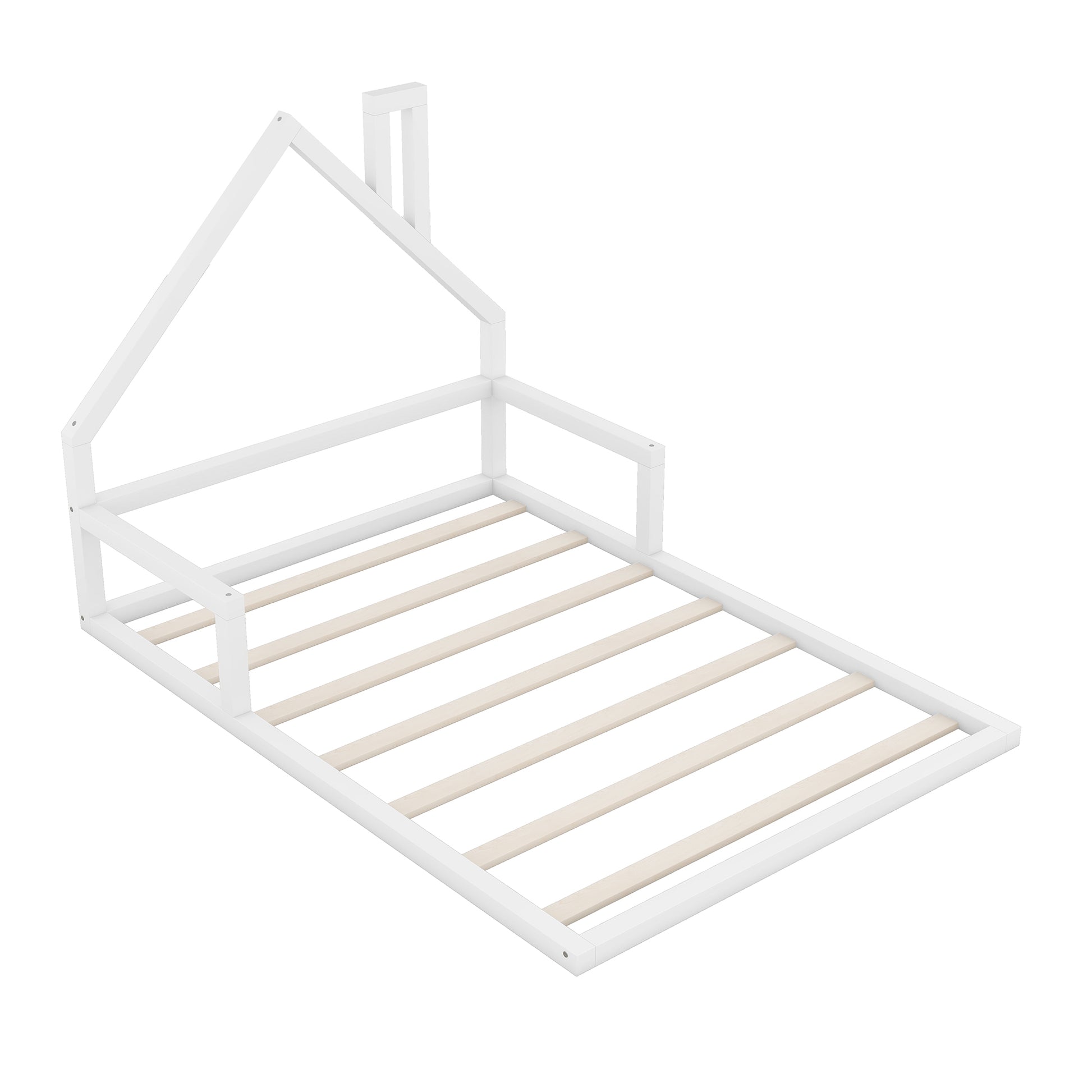 Full Size Wood Floor Bed With House Shaped Headboard, White Box Spring Not Required Full White Wood Bedroom Pine Bed Frame Solid Wood Mdf