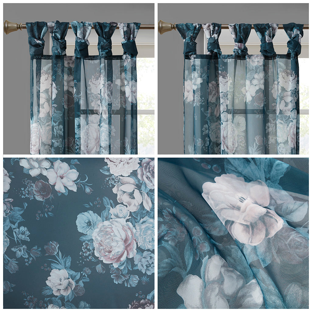 Printed Floral Twist Tab Top Voile Sheer Curtain Only 1 Pc Panel Navy Polyester