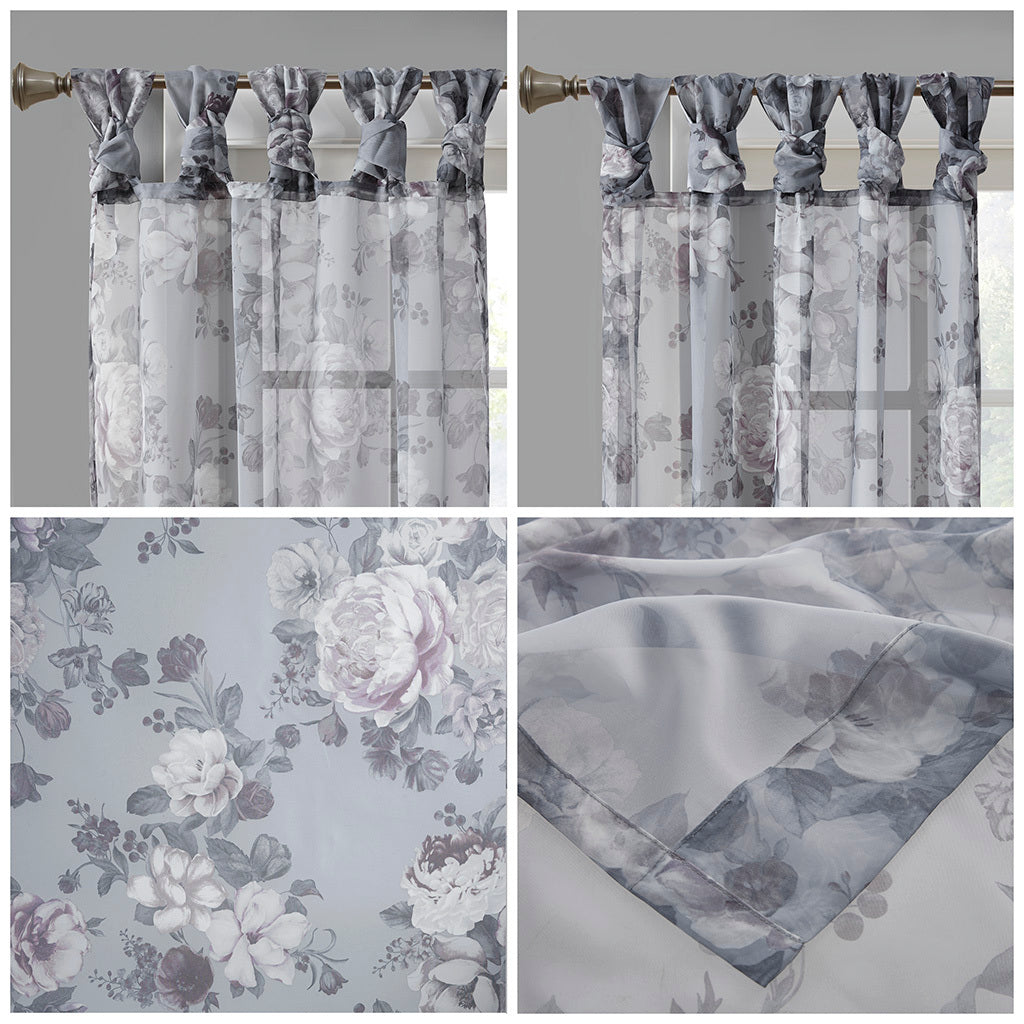 Printed Floral Twist Tab Top Voile Sheer Curtain Grey Polyester