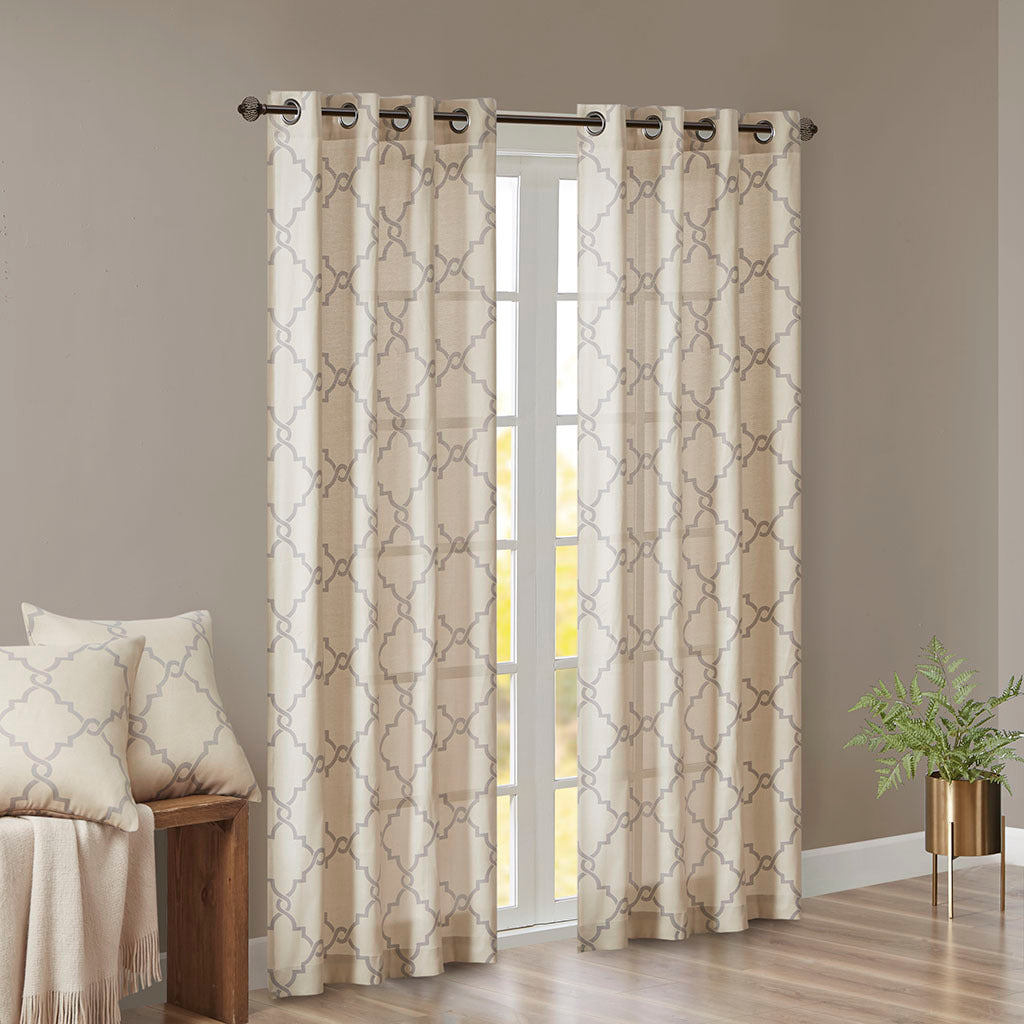 Fretwork Print Grommet Top Window Curtain Panel Only 1 Pc Panel Beige Grey Polyester