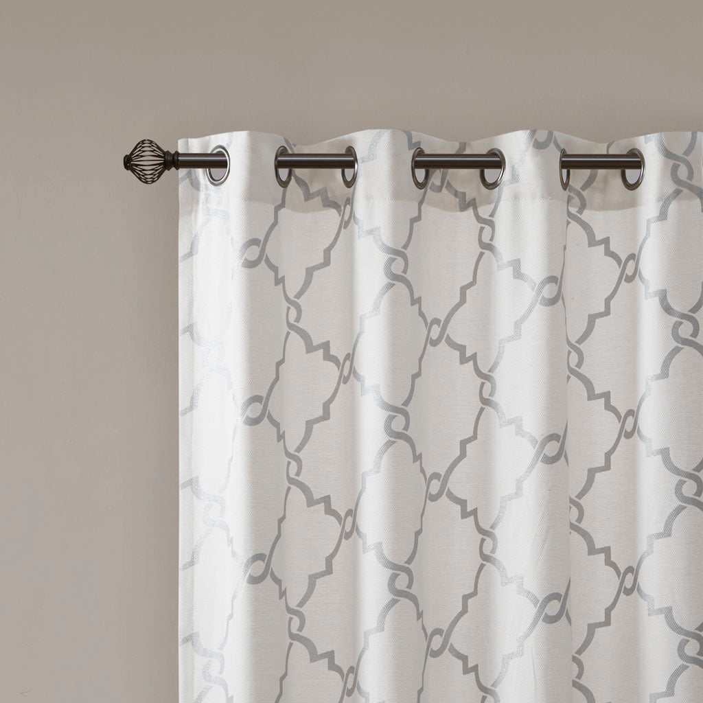 Fretwork Print Grommet Top Window Curtain Panel Only 1 Pc Panel Ivory Grey Polyester