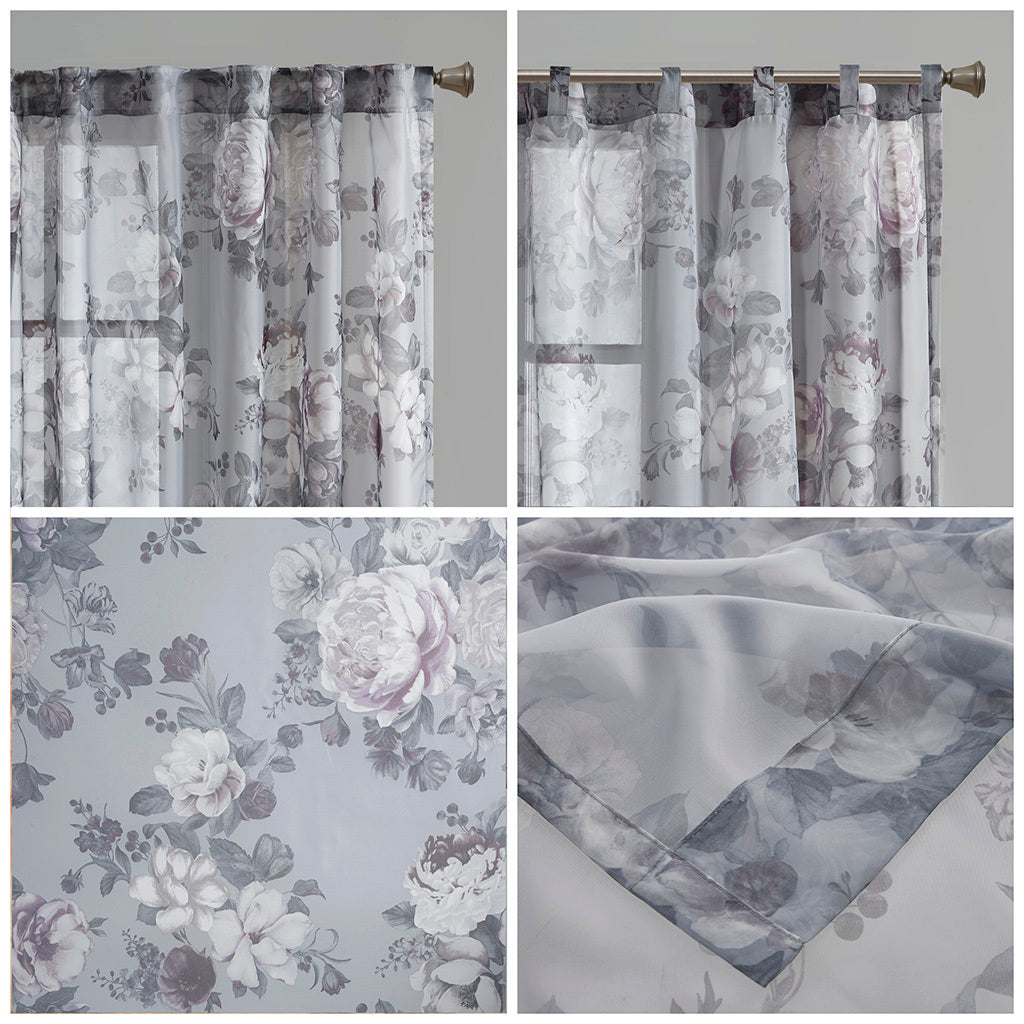 Printed Floral Rod Pocket And Back Tab Voile Sheer Curtain Only 1 Pc Panel Grey Polyester