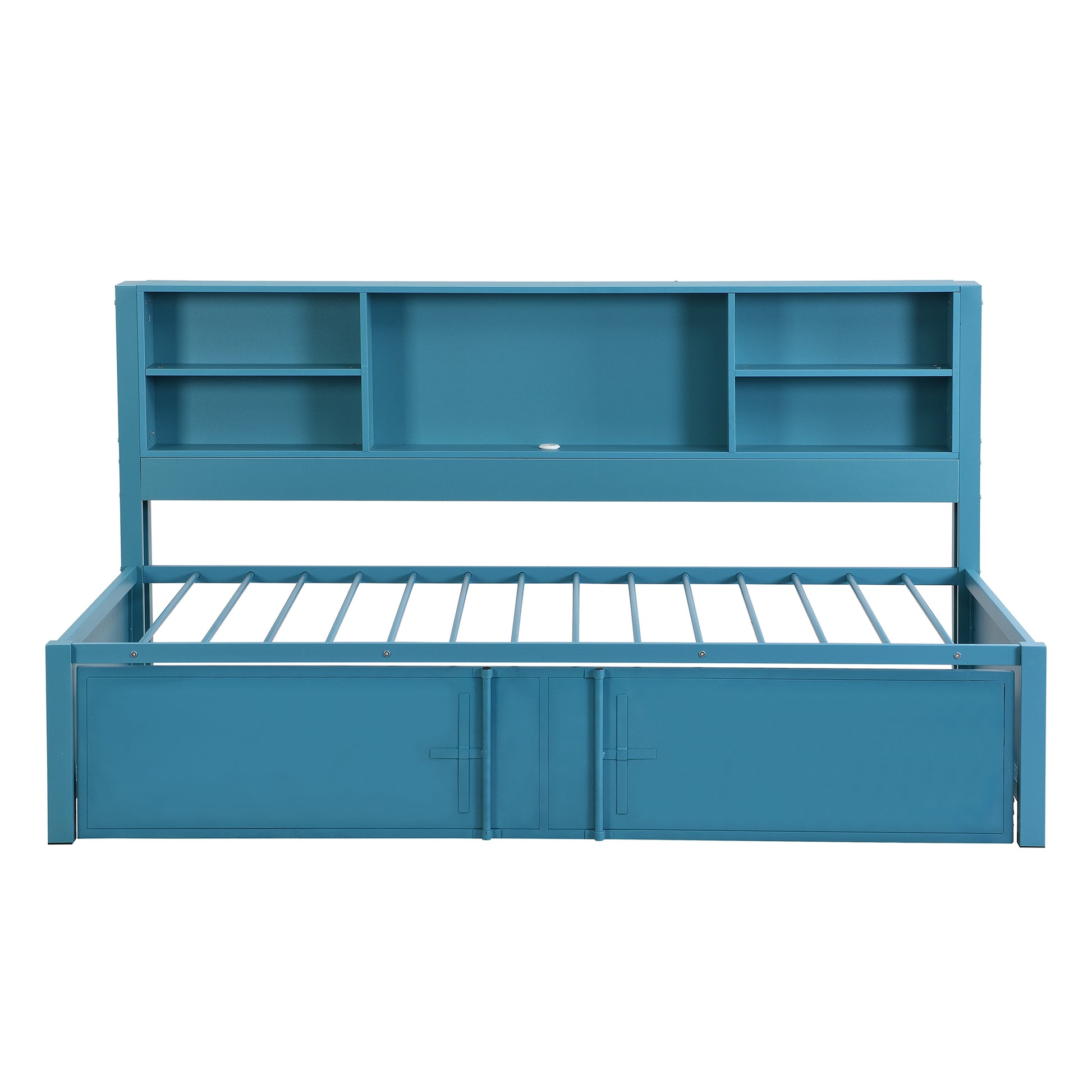 Metal Twin Size Daybed With Twin Size Trundle, Storage Shelves And Usb Ports, Blue Box Spring Not Required Twin Blue Metal Bed Frame Metal & Wood