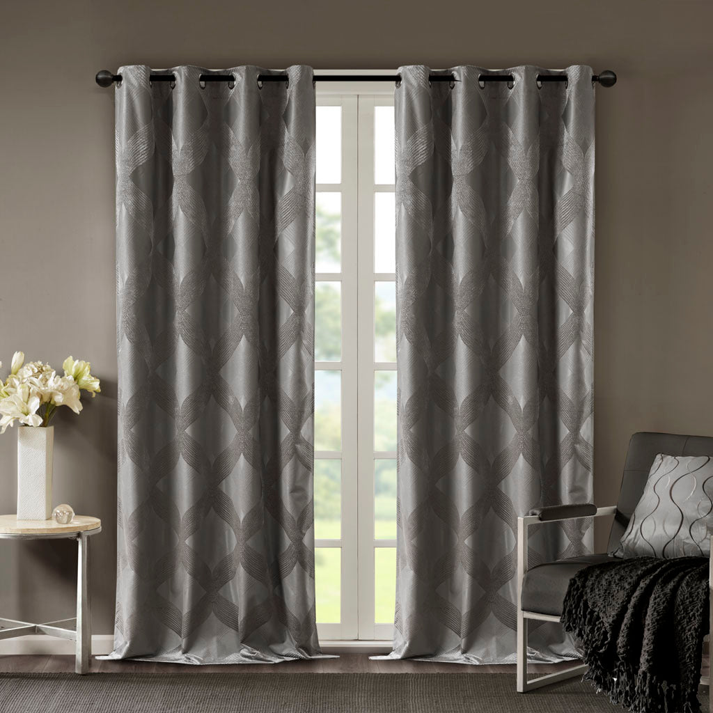 Ogee Knitted Jacquard Total Blackout Curtain Panel Only 1 Pc Panel Charcoal Polyester