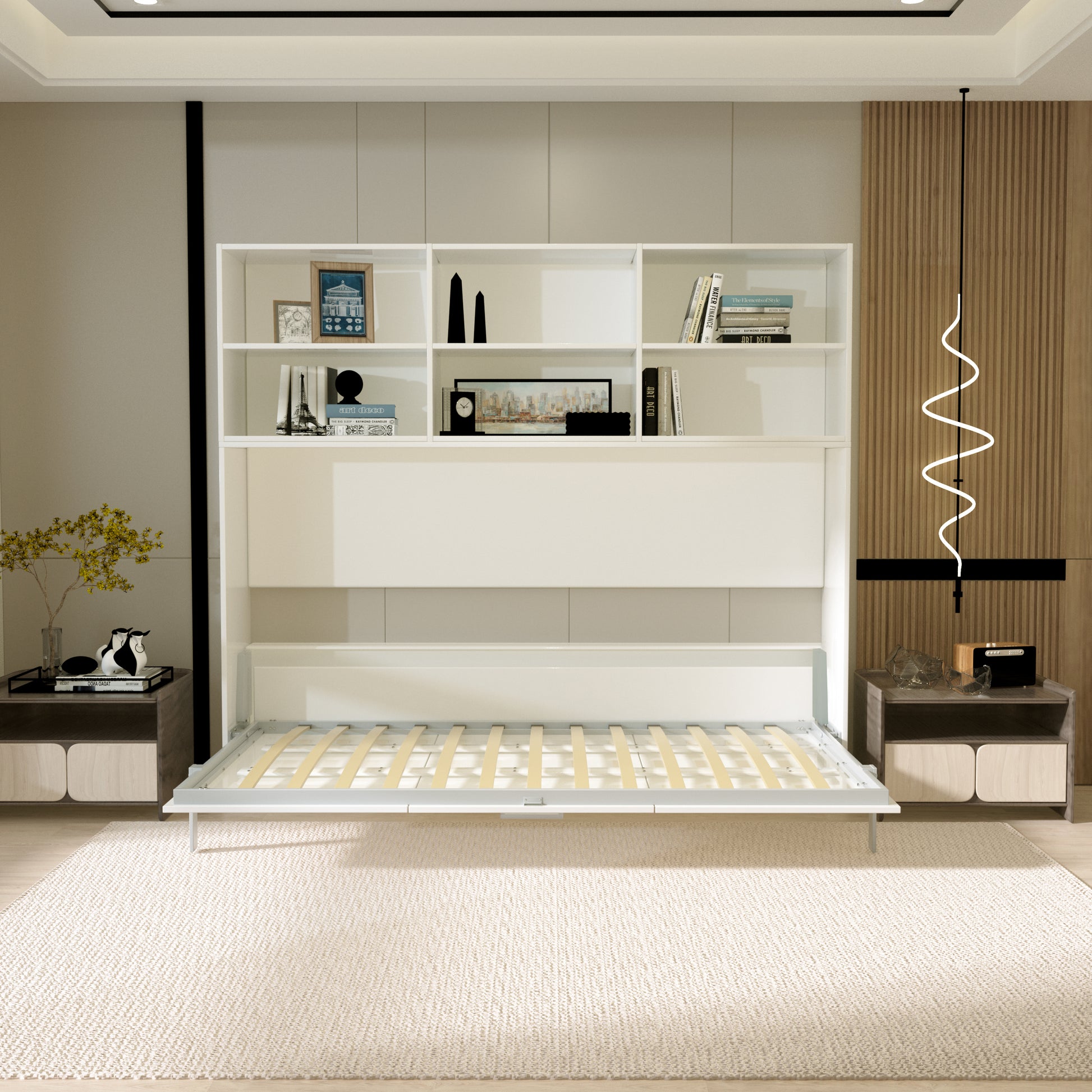 Mordern Design Twin Size Horizontal Murphy Bed With Shelf Storage For Bedroom Or Guestroom White Wall Bed Space Saving Hidden Bed With Style Gas Struts Box Spring Not Required Twin White Metal White Bedroom American Design,Cute,European,Modern Murphy