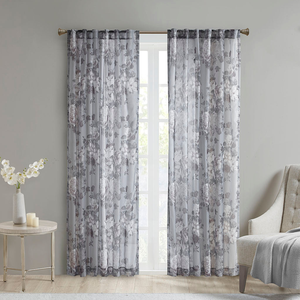 Printed Floral Rod Pocket And Back Tab Voile Sheer Curtain Only 1 Pc Panel Grey Polyester