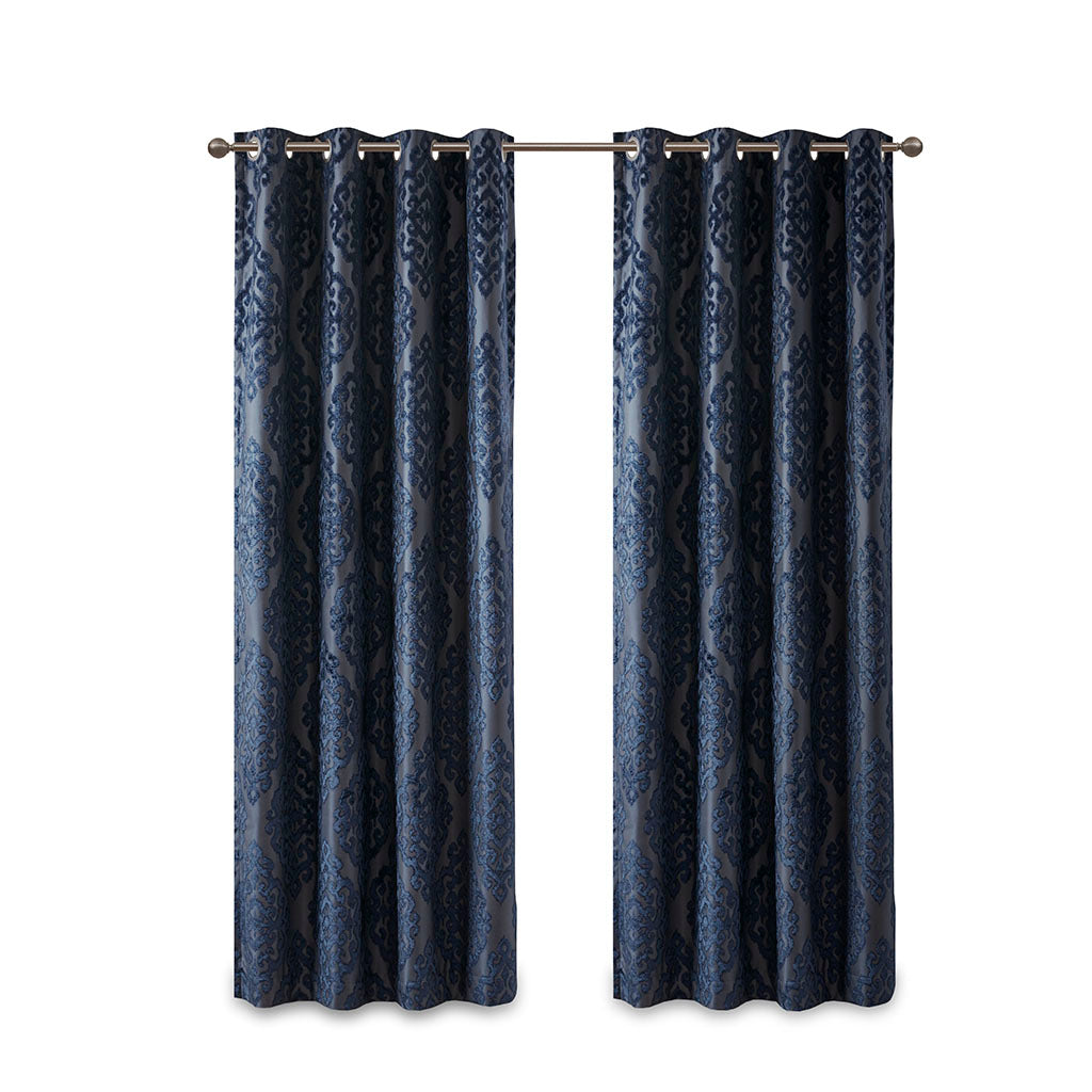 Knitted Jacquard Da Total Blackout Grommet Top Curtain Panel Only 1 Pc Panel Navy Polyester