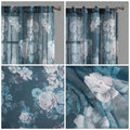 Printed Floral Rod Pocket And Back Tab Voile Sheer Curtain Navy Polyester