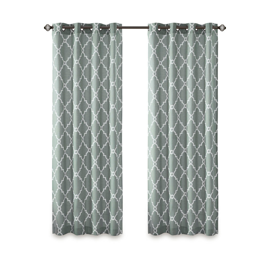 Fretwork Print Grommet Top Window Curtain Panel Only 1 Pc Panel Seafoam White Polyester