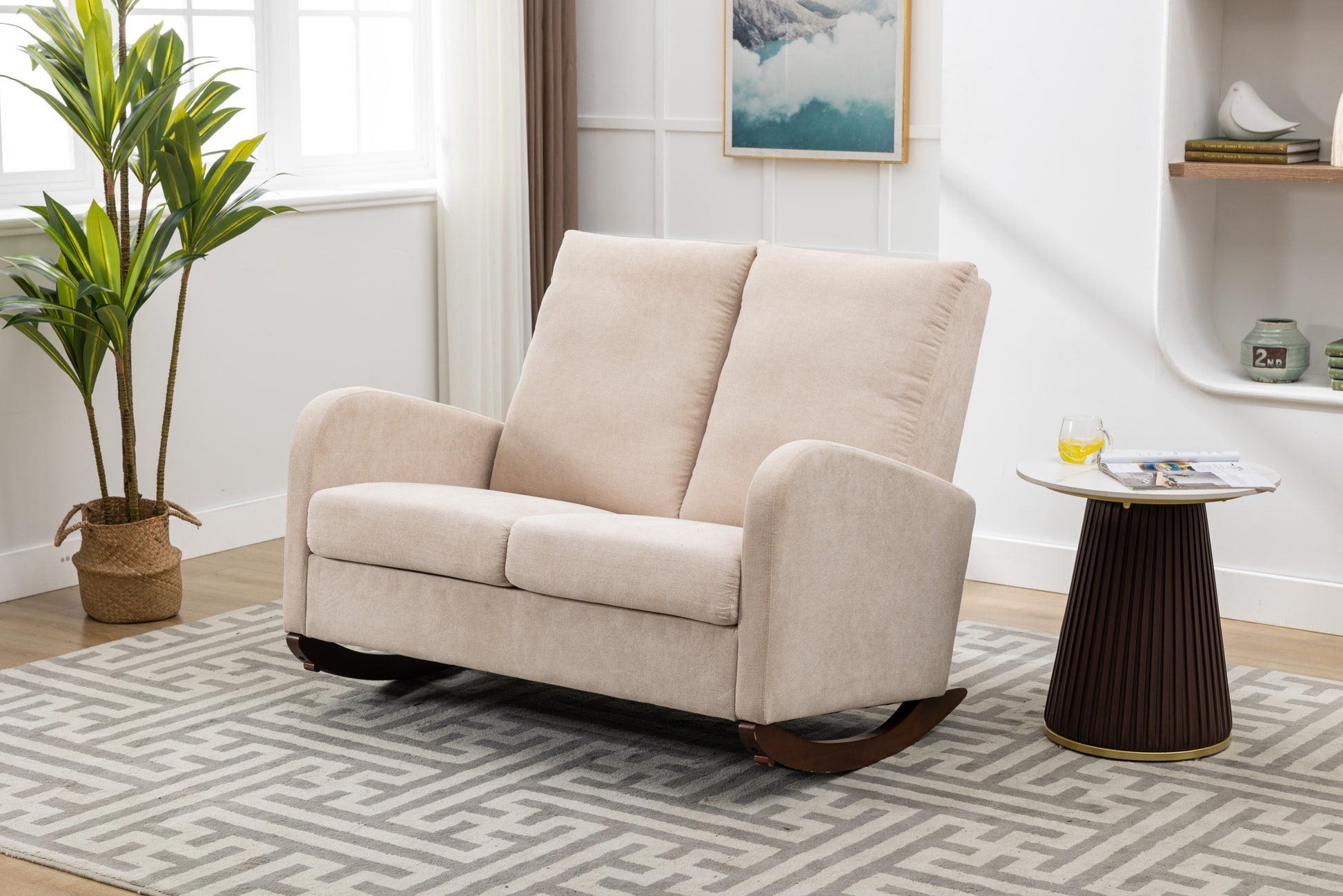 Coolmore Rocking Chair Upholstered Mid Century Modern Rocker Oversized Wingback Armchair For Living Room Beige Linen