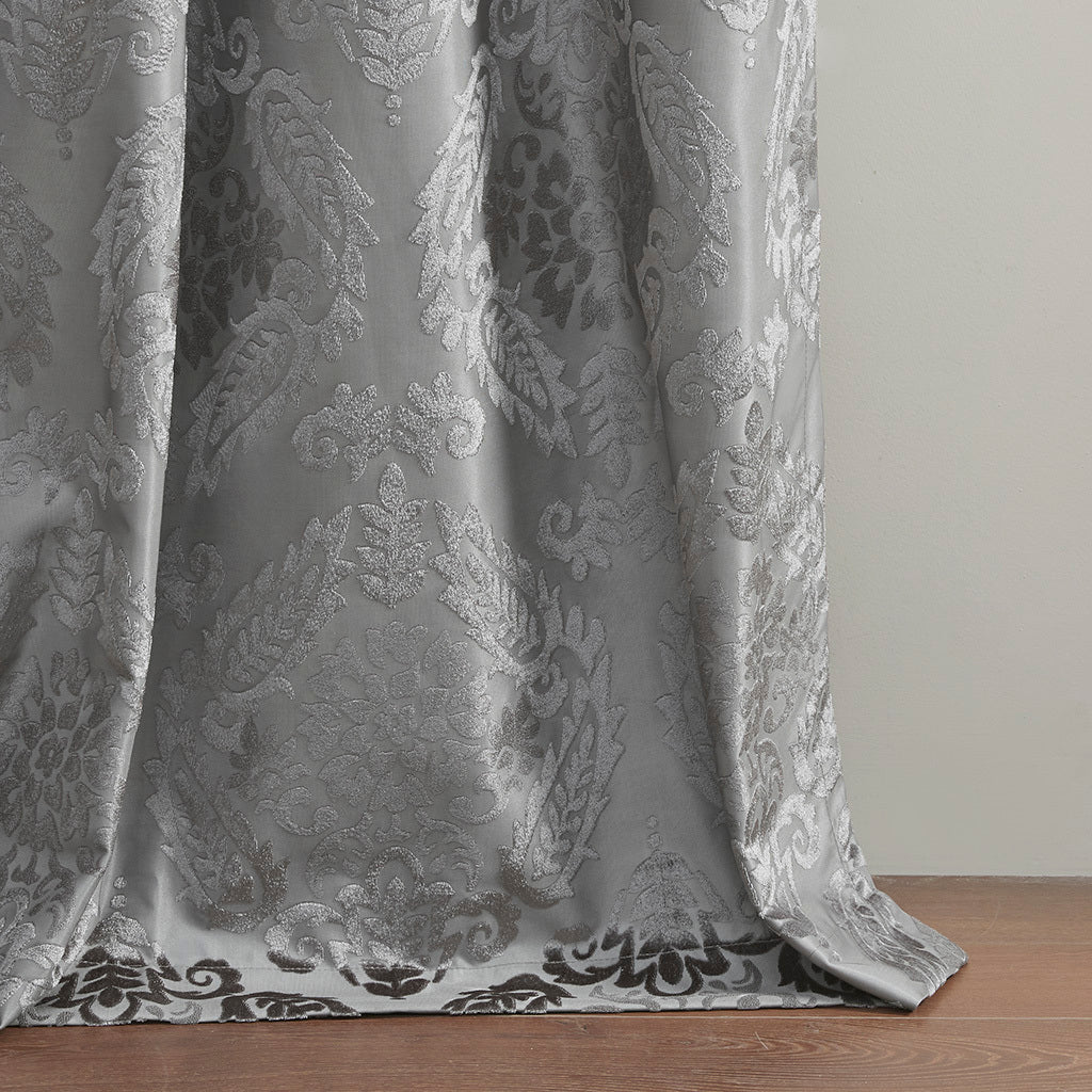 Knitted Jacquard Paisley Total Blackout Grommet Top Curtain Panel Only 1 Pc Panel Grey Polyester