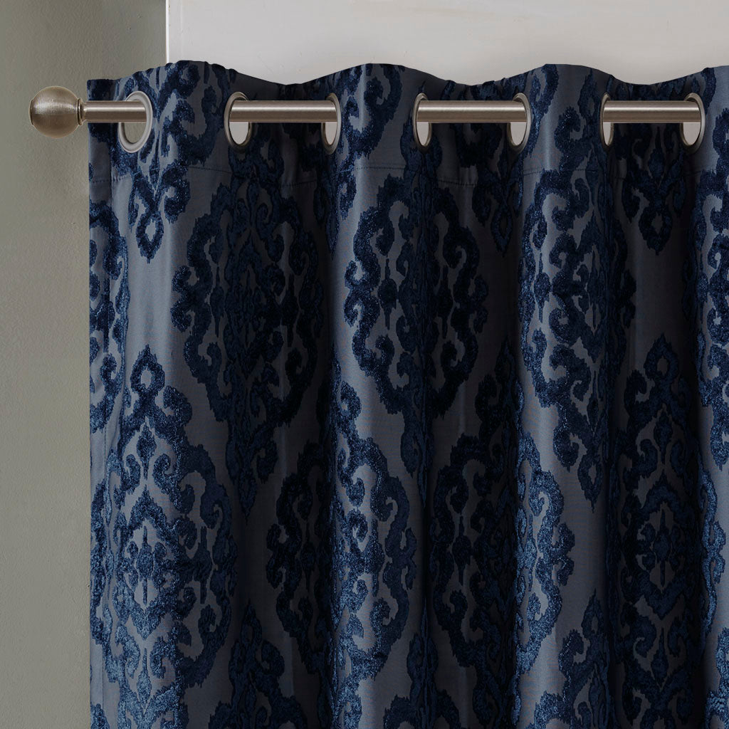 Knitted Jacquard Da Total Blackout Grommet Top Curtain Panel Only 1 Pc Panel Navy Polyester