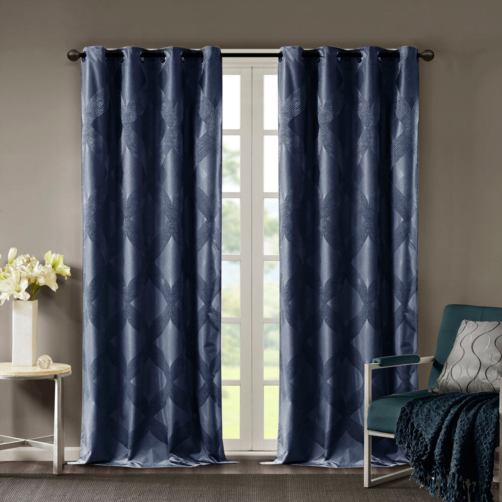 Ogee Knitted Jacquard Total Blackout Curtain Panel Only 1 Pc Panel Navy Polyester