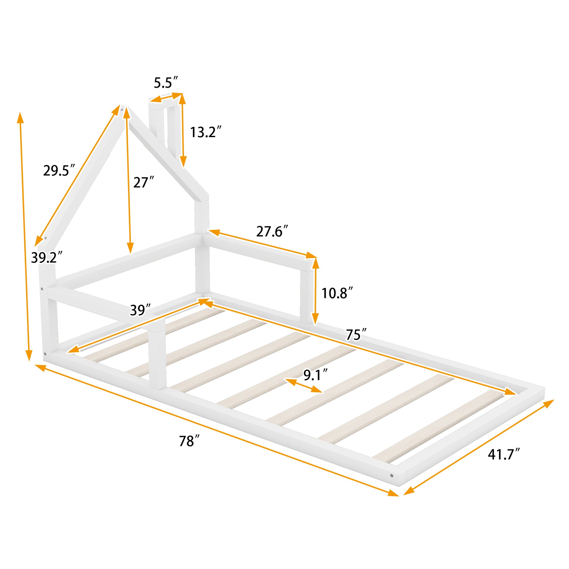 Twin Size Wood Floor Bed With House Shaped Headboard, White Box Spring Not Required Twin White Wood Bedroom Pine Bed Frame Solid Wood Mdf