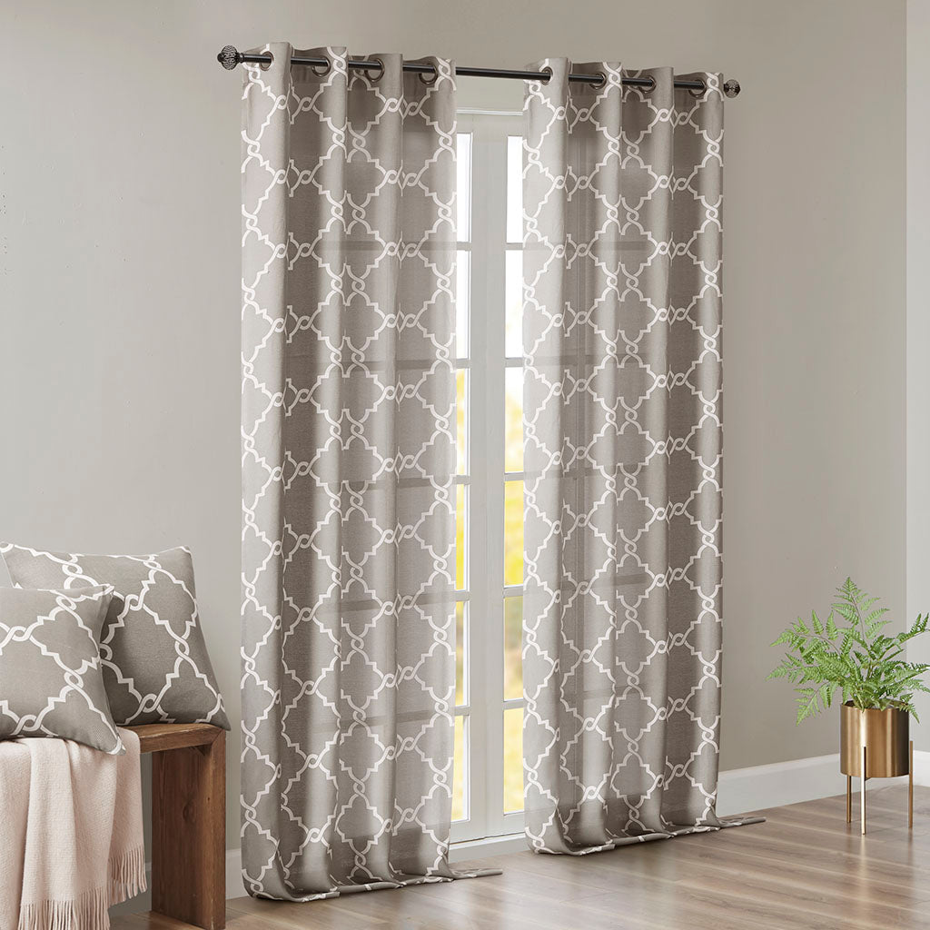 Fretwork Print Grommet Top Window Curtain Panel Only 1 Pc Panel Grey White Polyester