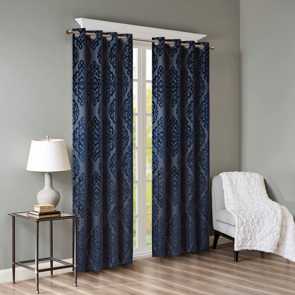 Knitted Jacquard Da Total Blackout Grommet Top Curtain Panel Only 1 Pc Panel Navy Polyester