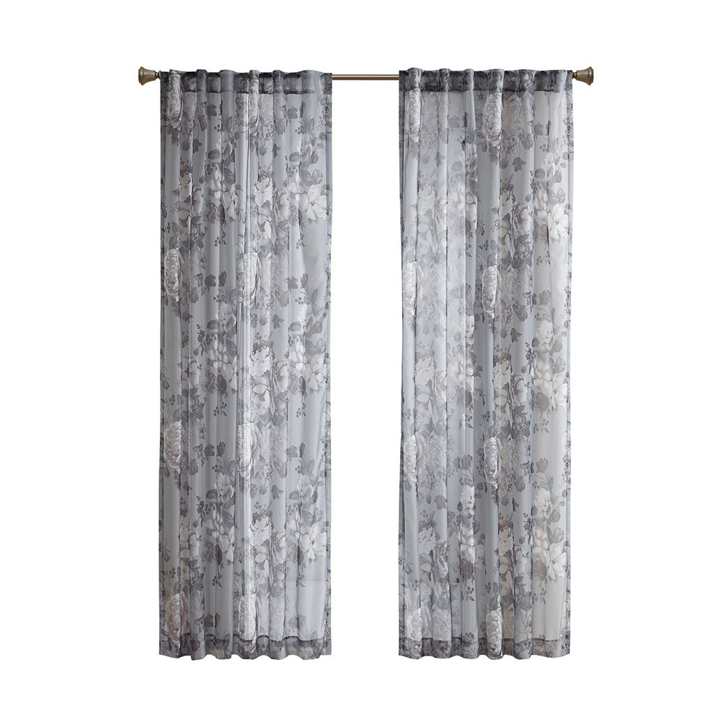 Printed Floral Rod Pocket And Back Tab Voile Sheer Curtain Only 1 Pc Panel Grey Polyester