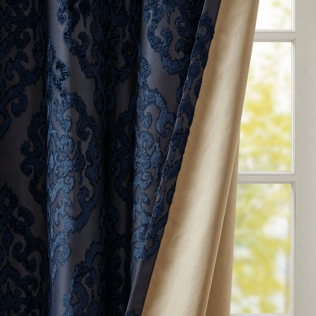 Knitted Jacquard Da Total Blackout Grommet Top Curtain Panel Only 1 Pc Panel Navy Polyester