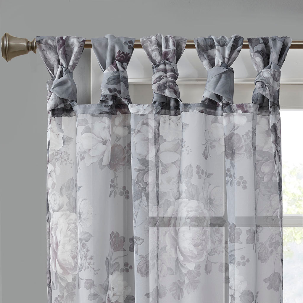 Printed Floral Twist Tab Top Voile Sheer Curtain Grey Polyester