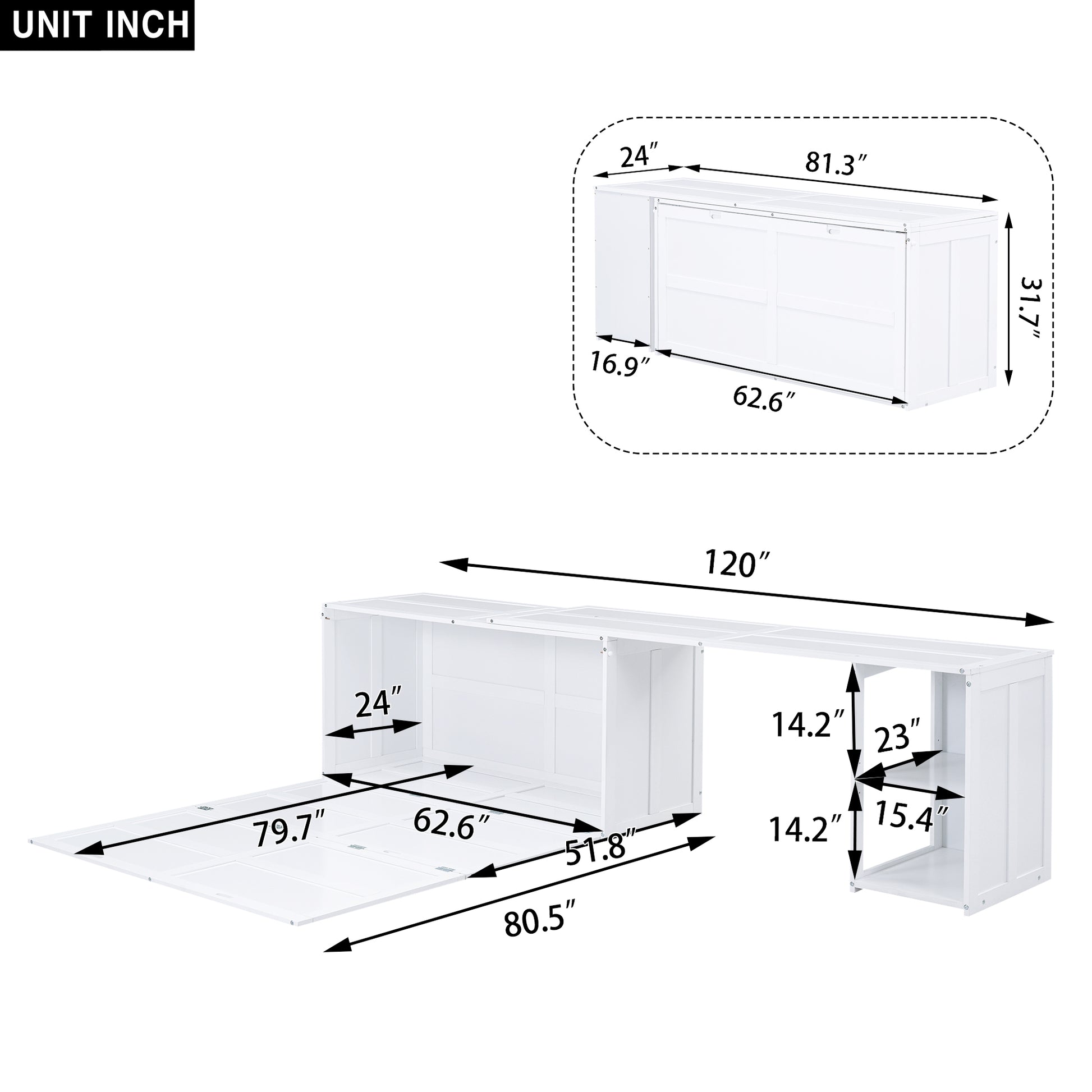 Queen Size Murphy Bed With Rotable Desk, White Box Spring Not Required Queen White Wood Bedroom Pine Bed Frame Solid Wood Mdf