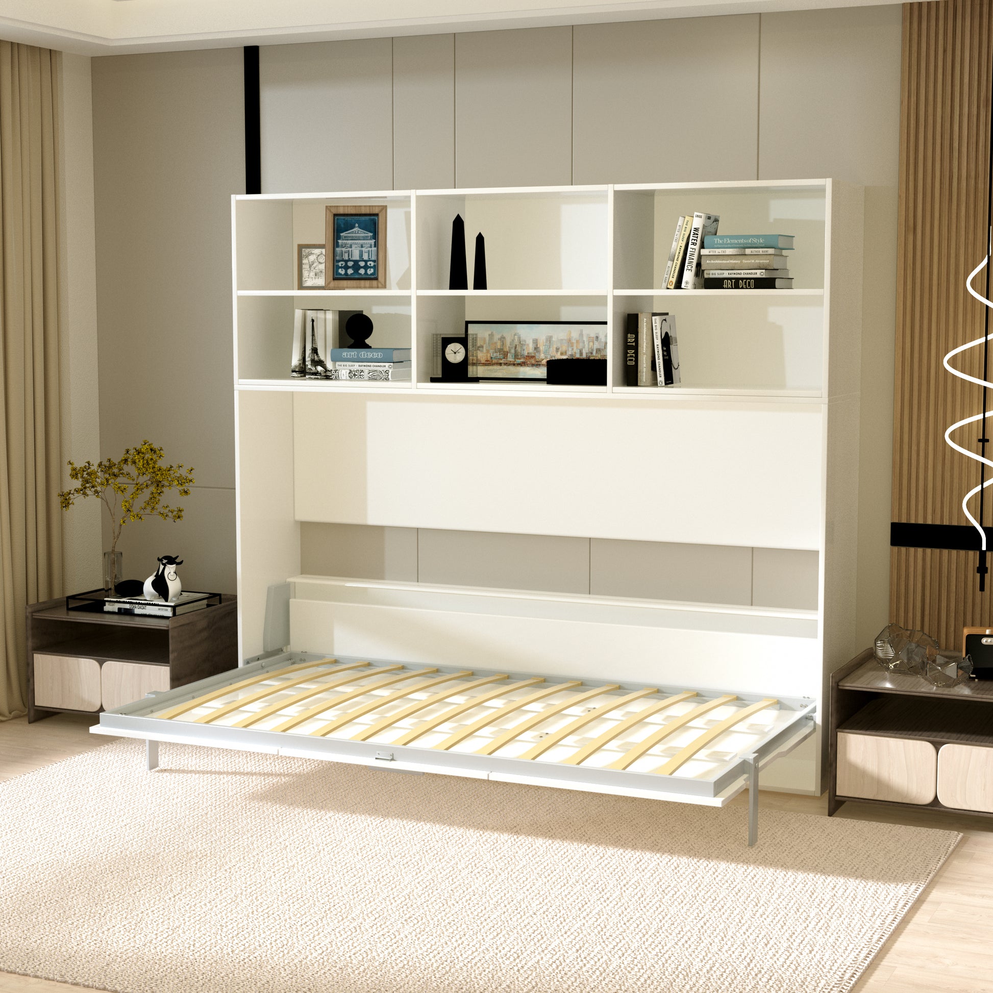 Mordern Design Twin Size Horizontal Murphy Bed With Shelf Storage For Bedroom Or Guestroom White Wall Bed Space Saving Hidden Bed With Style Gas Struts Box Spring Not Required Twin White Metal White Bedroom American Design,Cute,European,Modern Murphy