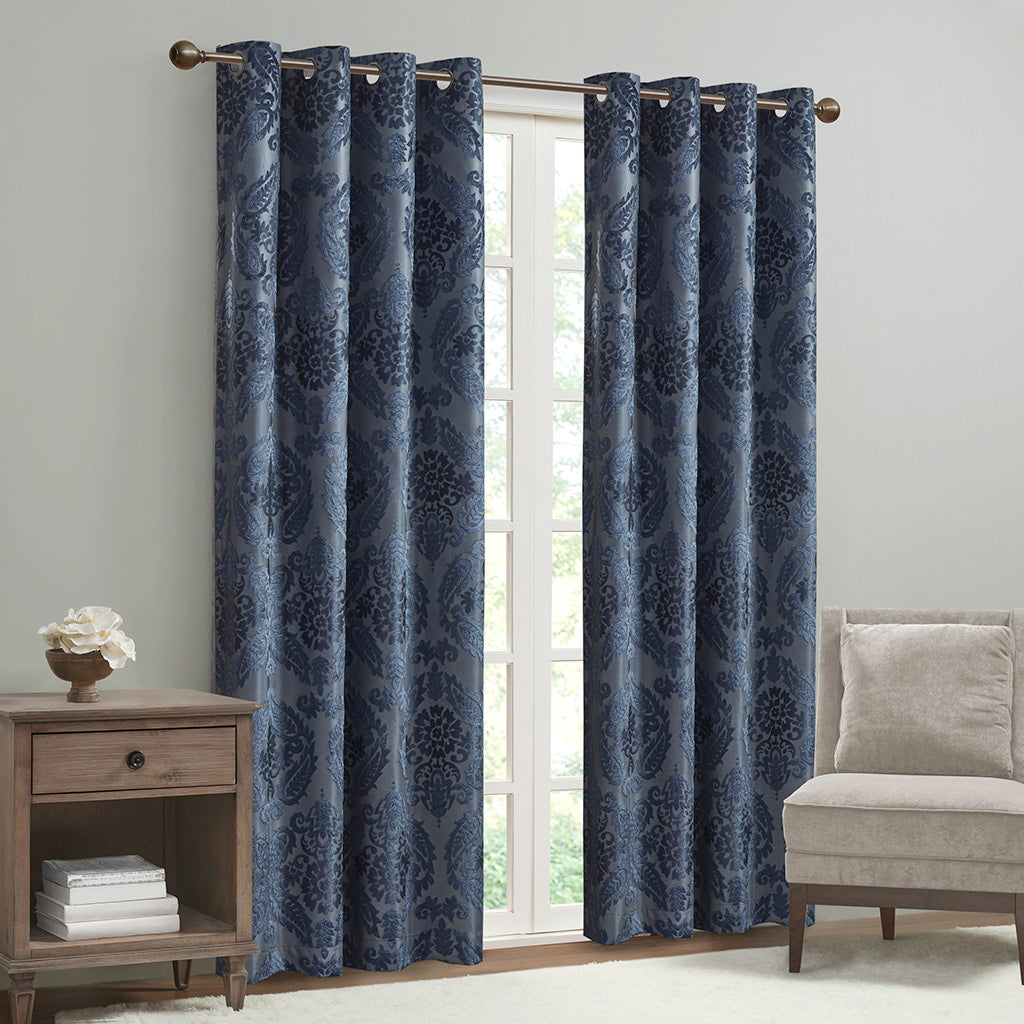 Knitted Jacquard Paisley Total Blackout Grommet Top Curtain Panel Only 1 Pc Panel Navy Polyester