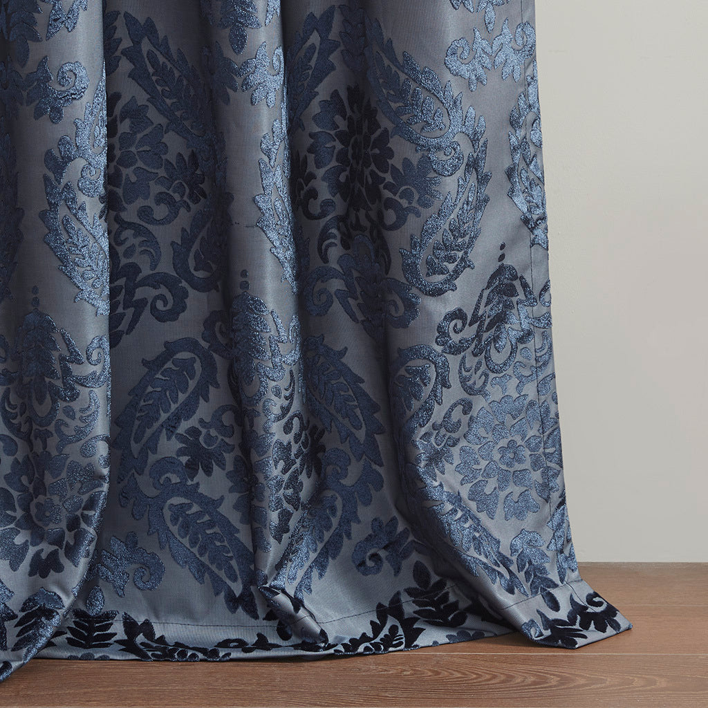 Knitted Jacquard Paisley Total Blackout Grommet Top Curtain Panel Only 1 Pc Panel Navy Polyester