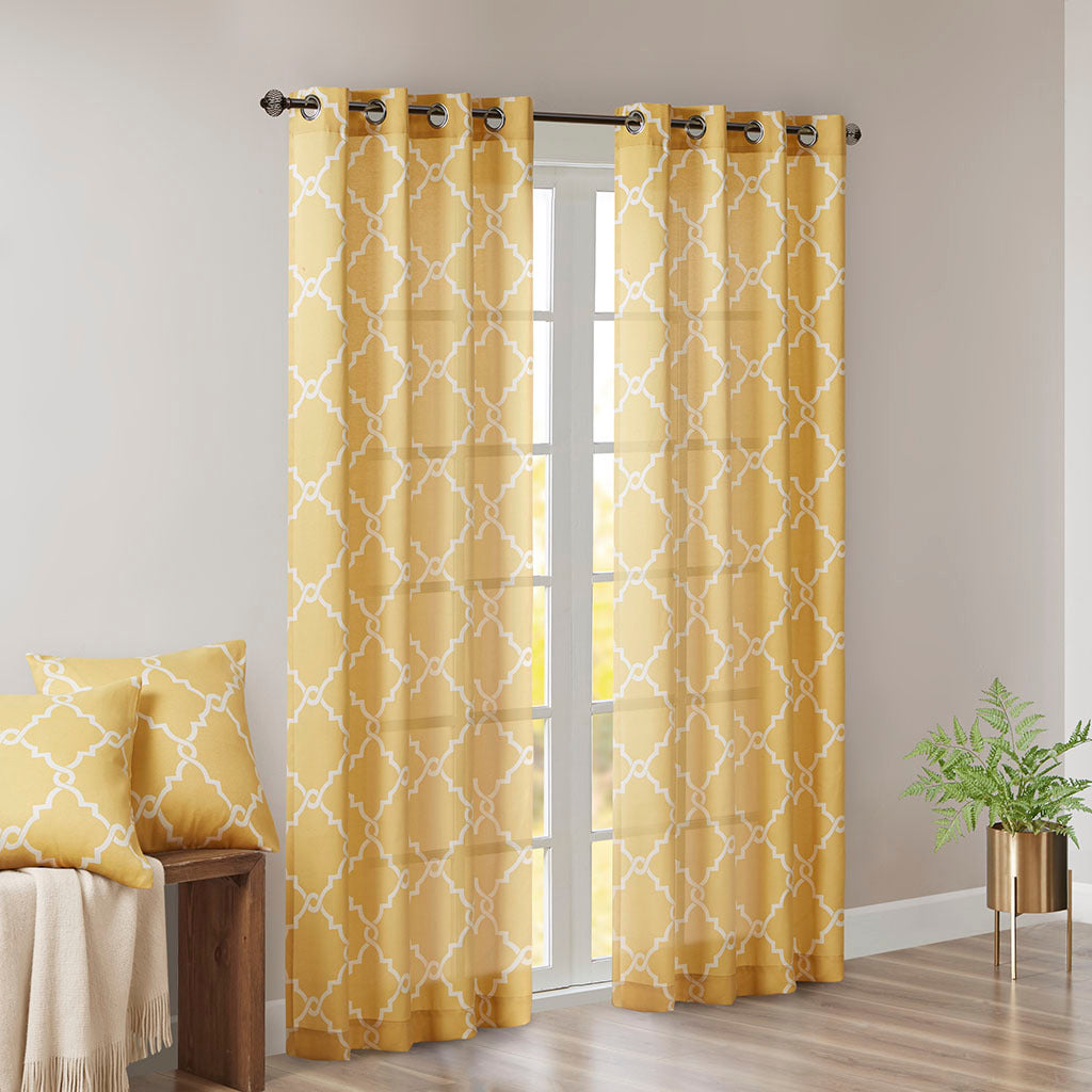 Fretwork Print Grommet Top Window Curtain Panel Only 1 Pc Panel Yellow White Polyester