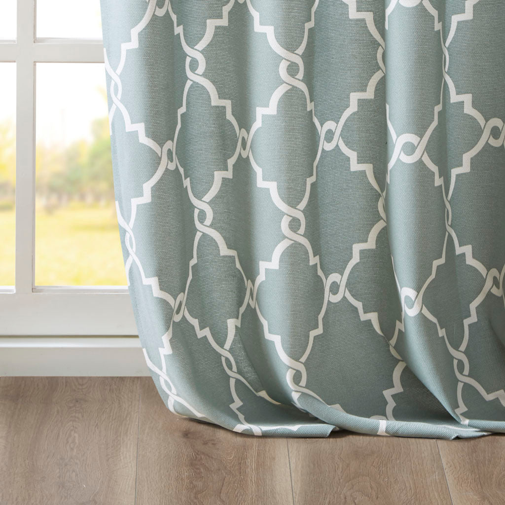 Fretwork Print Grommet Top Window Curtain Panel Only 1 Pc Panel Seafoam White Polyester