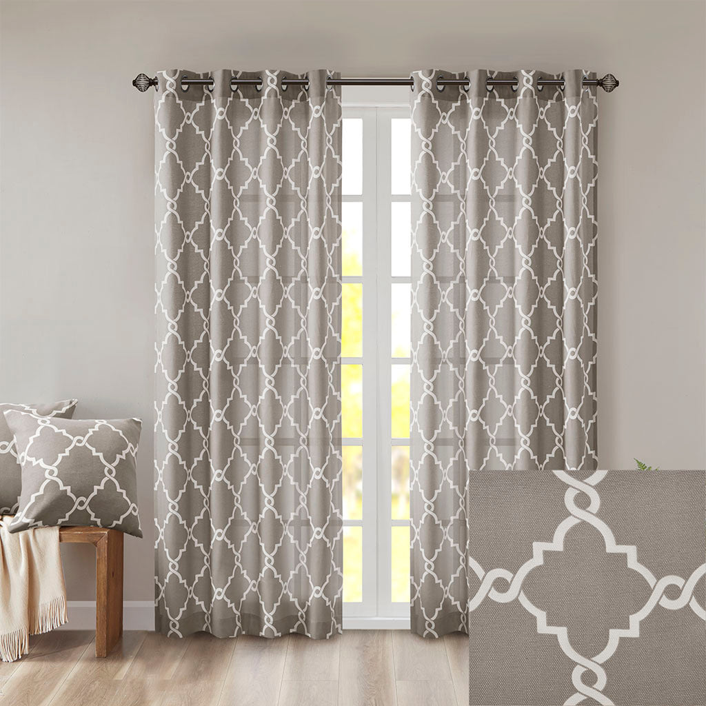 Fretwork Print Grommet Top Window Curtain Panel Only 1 Pc Panel Grey White Polyester