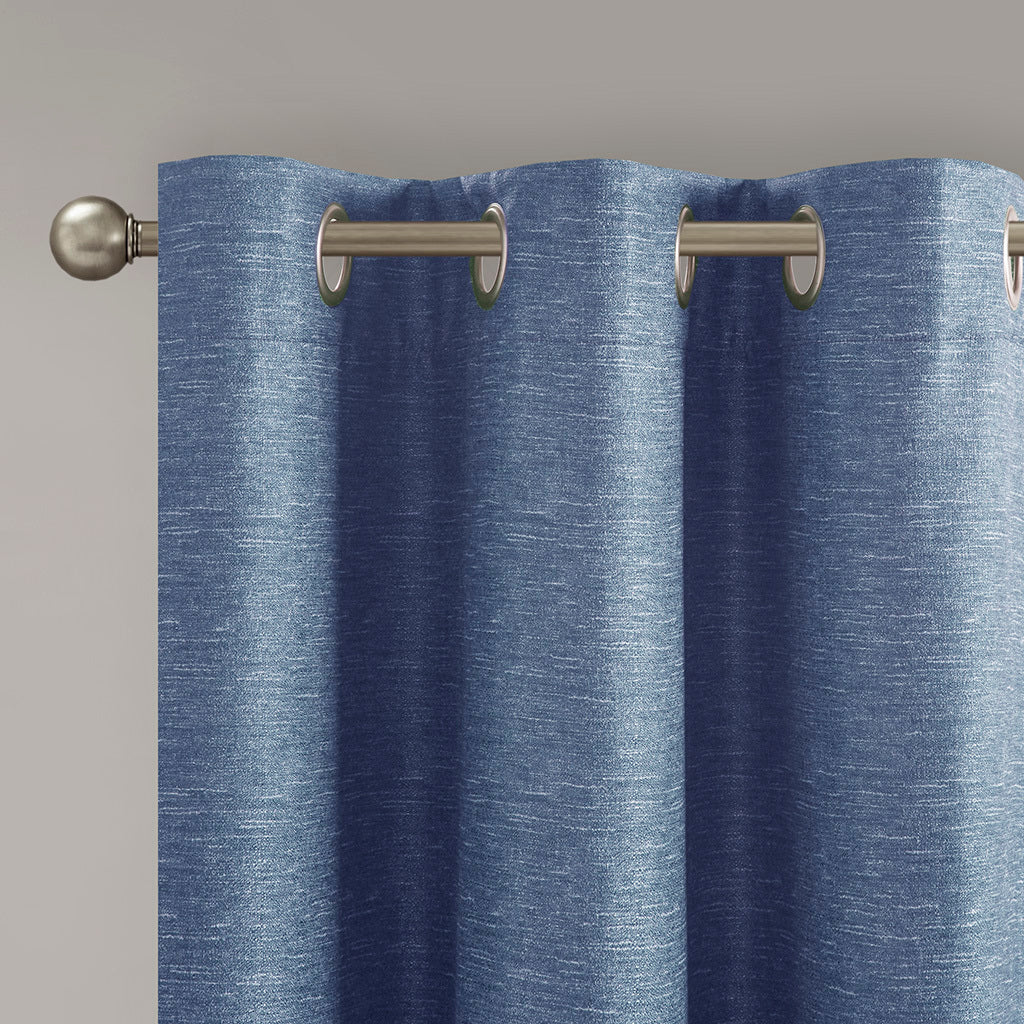 Tonal Printed Faux Silk Total Blackout Curtain Panel Pair 2 Pcs Window Panels Blue Polyester