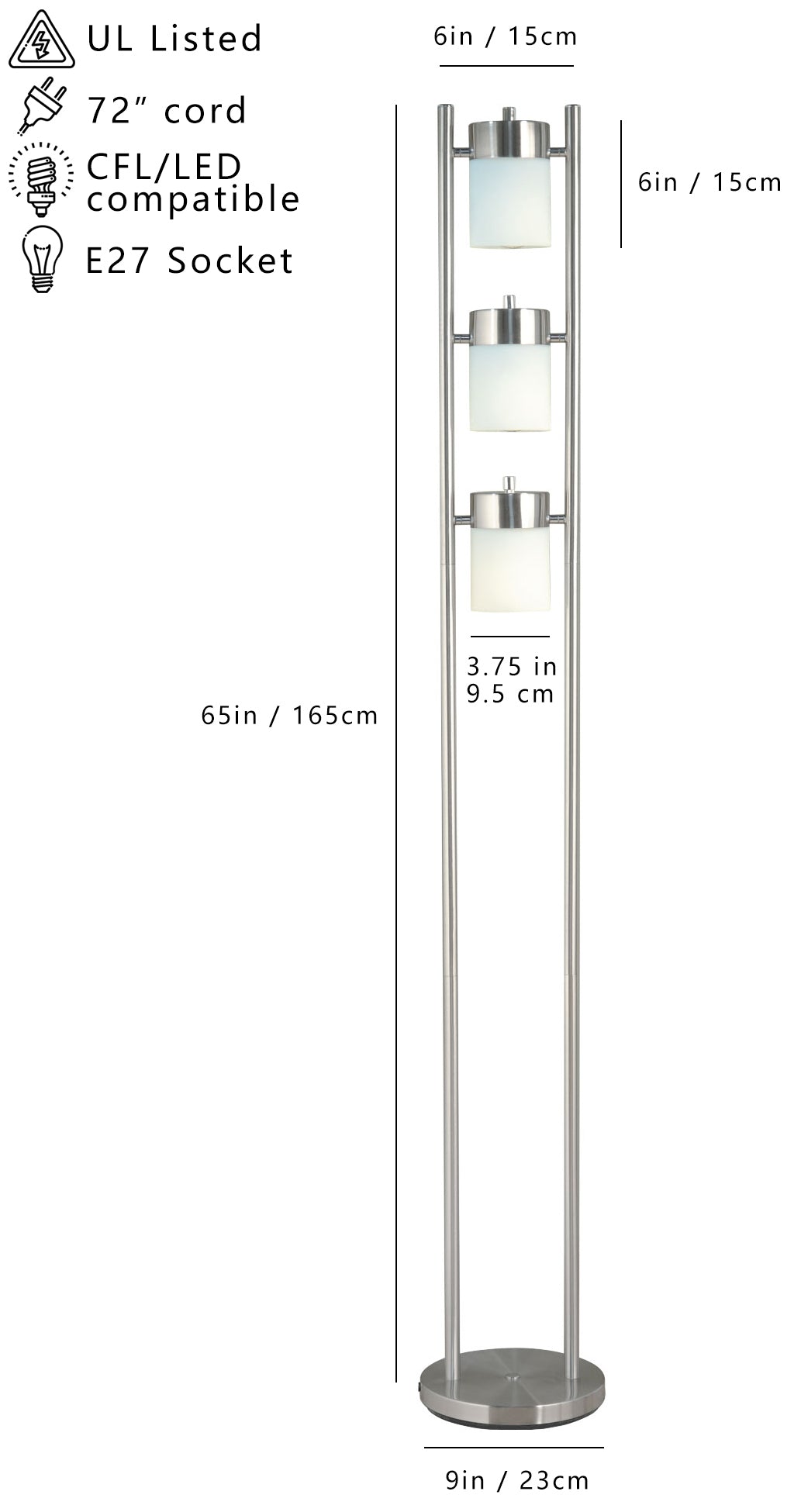 65"H 3 White Head With Two Way Adjustable Floor Lamp 1 Pc Ctn 1.10 Cu Ft 12.32 G.W. Lbs White Metal