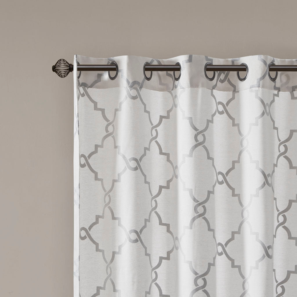 Fretwork Print Grommet Top Window Curtain Panel Only 1 Pc Panel Ivory Grey Polyester