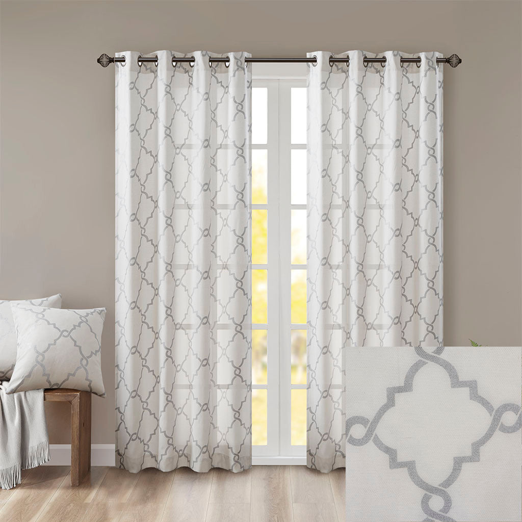 Fretwork Print Grommet Top Window Curtain Panel Only 1 Pc Panel Ivory Grey Polyester