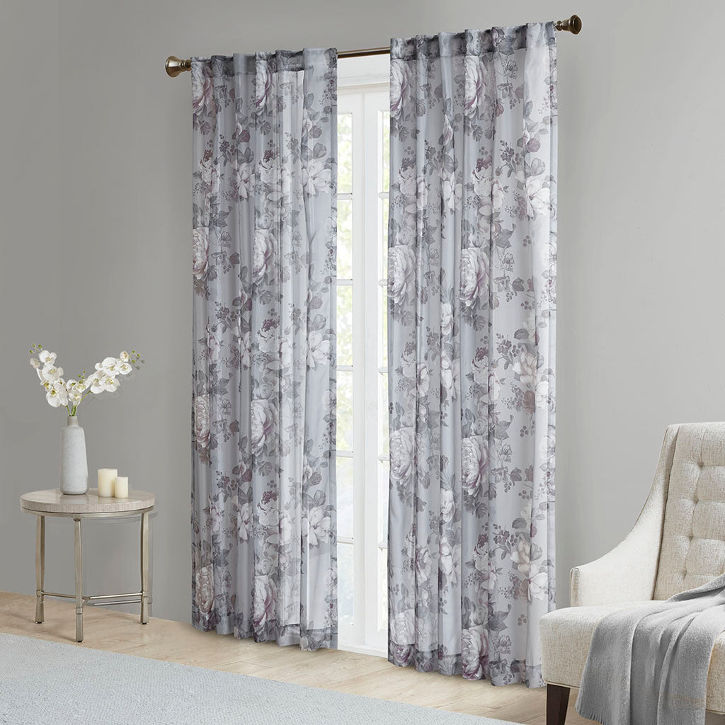 Printed Floral Rod Pocket And Back Tab Voile Sheer Curtain Only 1 Pc Panel Grey Polyester