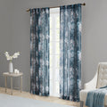 Printed Floral Rod Pocket And Back Tab Voile Sheer Curtain Navy Polyester