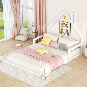 Full Size Wood Floor Bed With House Shaped Headboard, White Box Spring Not Required Full White Wood Bedroom Pine Bed Frame Solid Wood Mdf