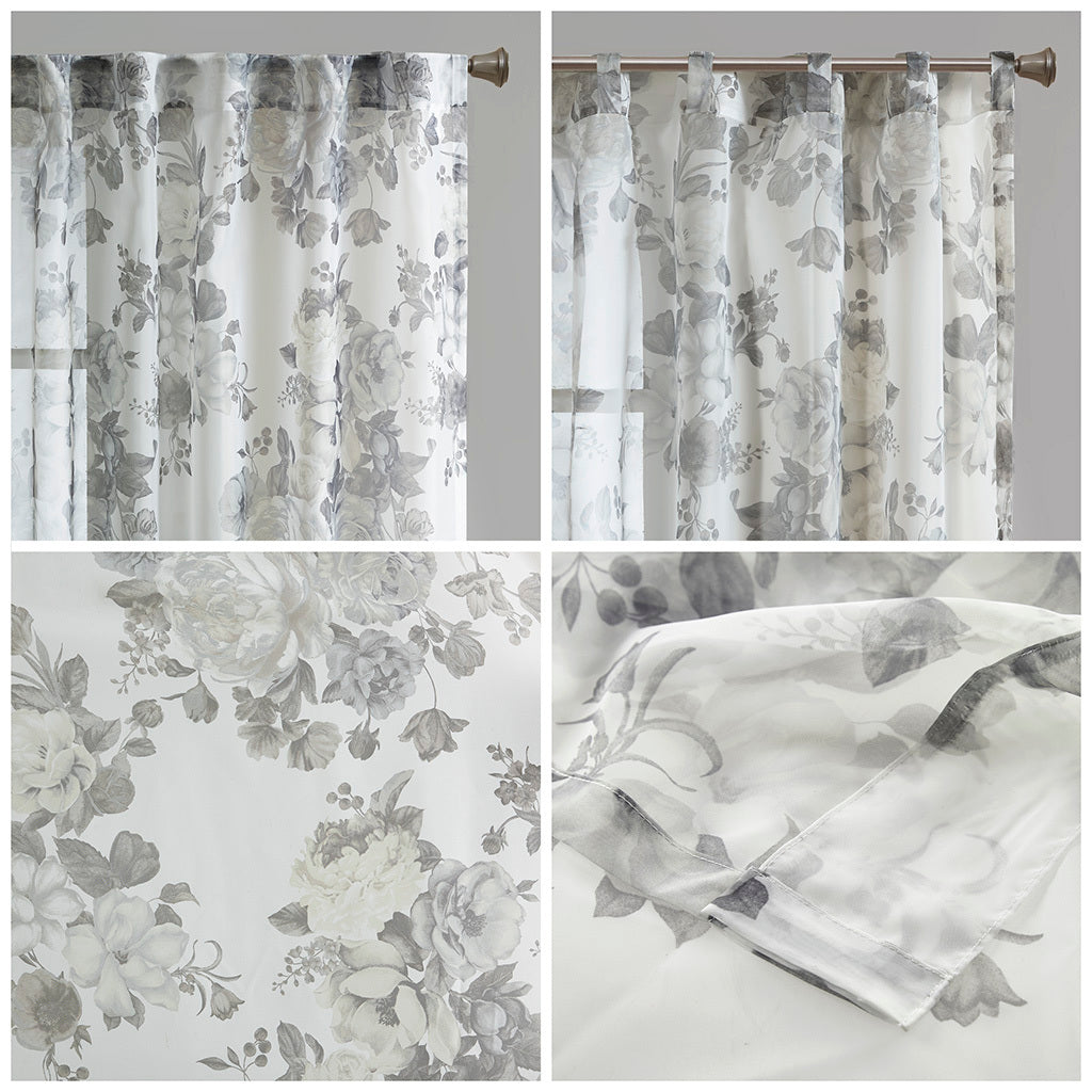 Printed Floral Rod Pocket And Back Tab Voile Sheer Curtain White Polyester