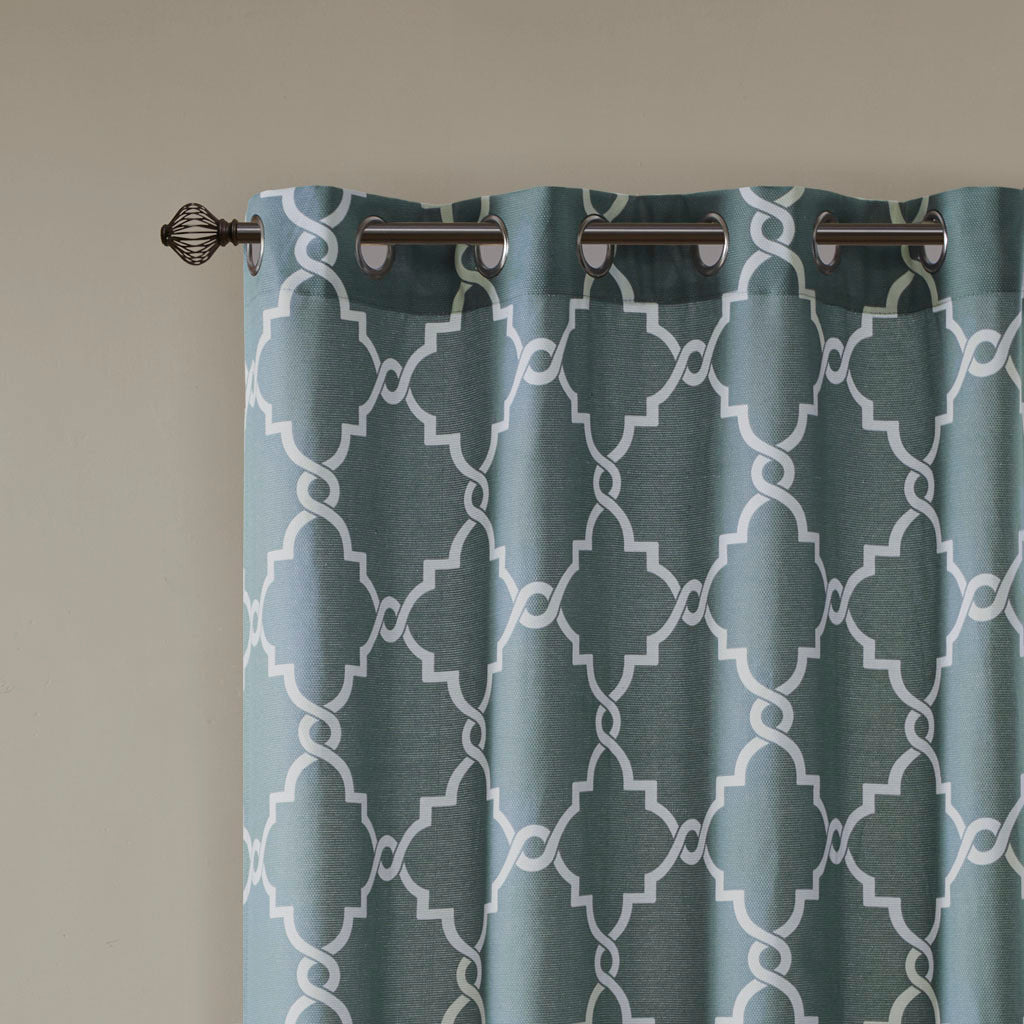 Fretwork Print Grommet Top Window Curtain Panel Only 1 Pc Panel White Blue Polyester