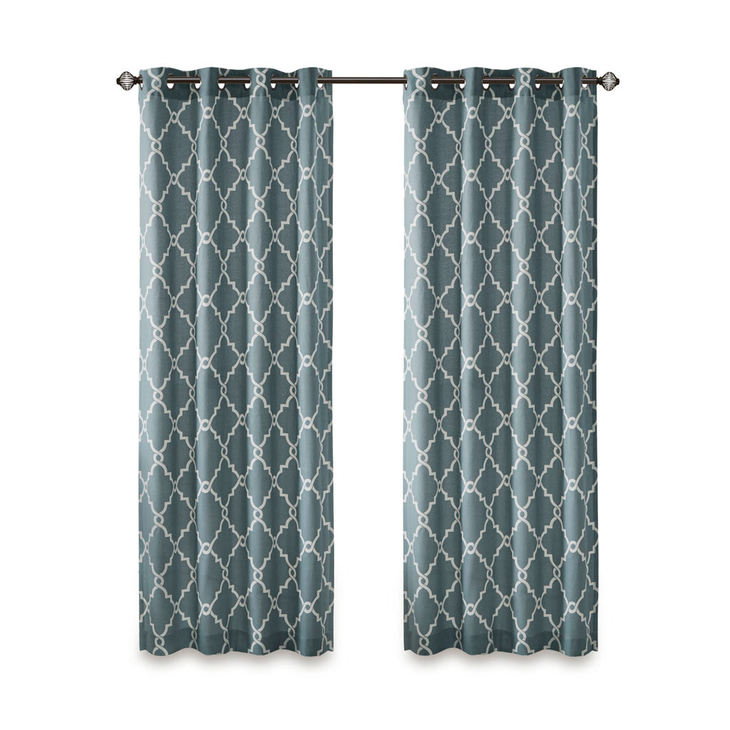 Fretwork Print Grommet Top Window Curtain Panel Only 1 Pc Panel White Blue Polyester