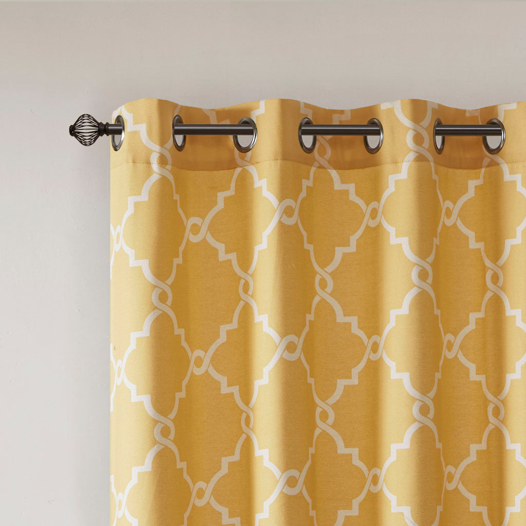 Fretwork Print Grommet Top Window Curtain Panel Only 1 Pc Panel Yellow White Polyester