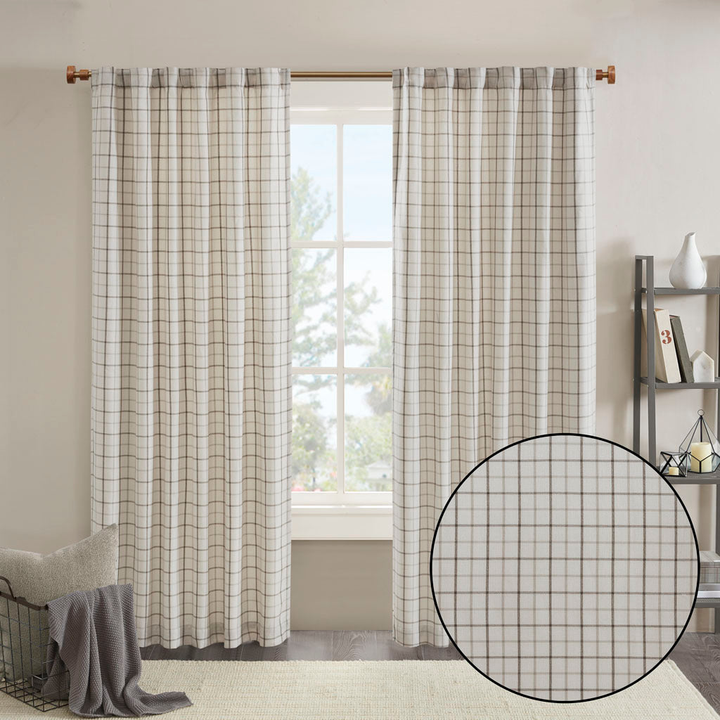 Plaid Rod Pocket And Back Tab Curtain Panel With Fleece Lining Natural Polyester