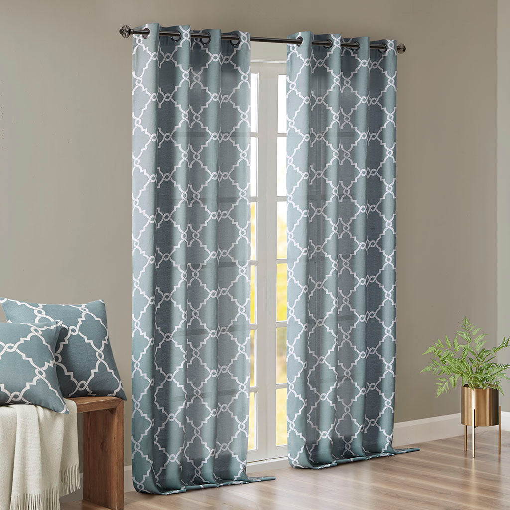 Fretwork Print Grommet Top Window Curtain Panel Only 1 Pc Panel White Blue Polyester