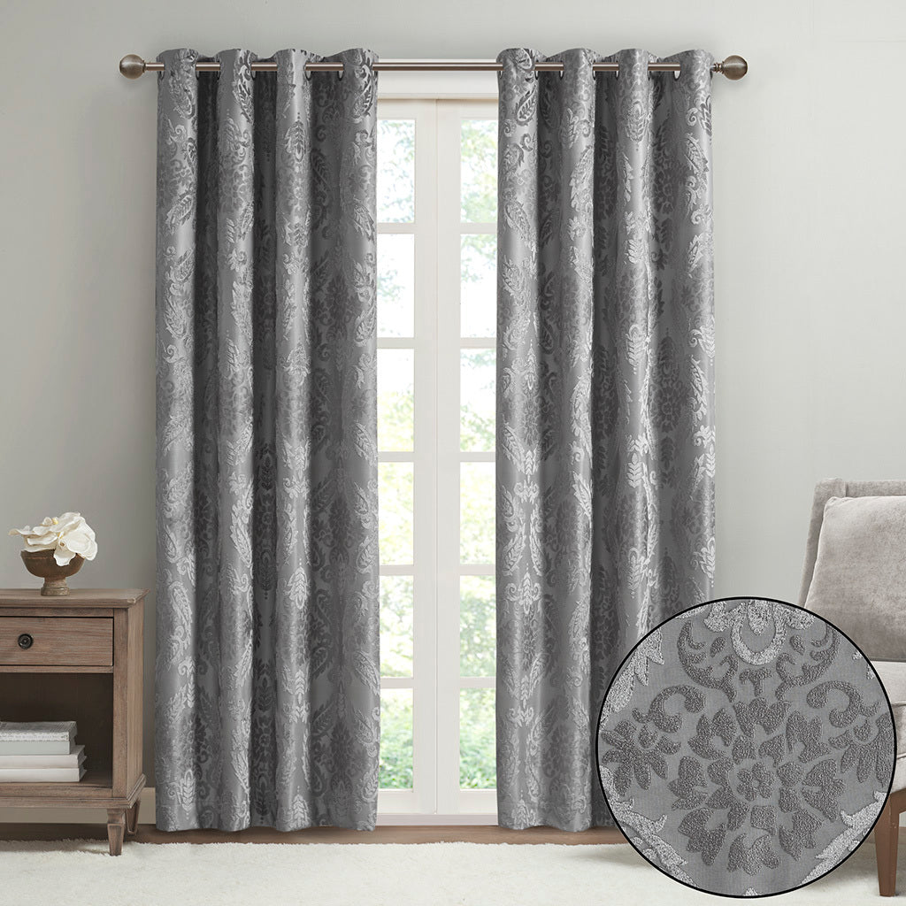 Knitted Jacquard Paisley Total Blackout Grommet Top Curtain Panel Only 1 Pc Panel Grey Polyester