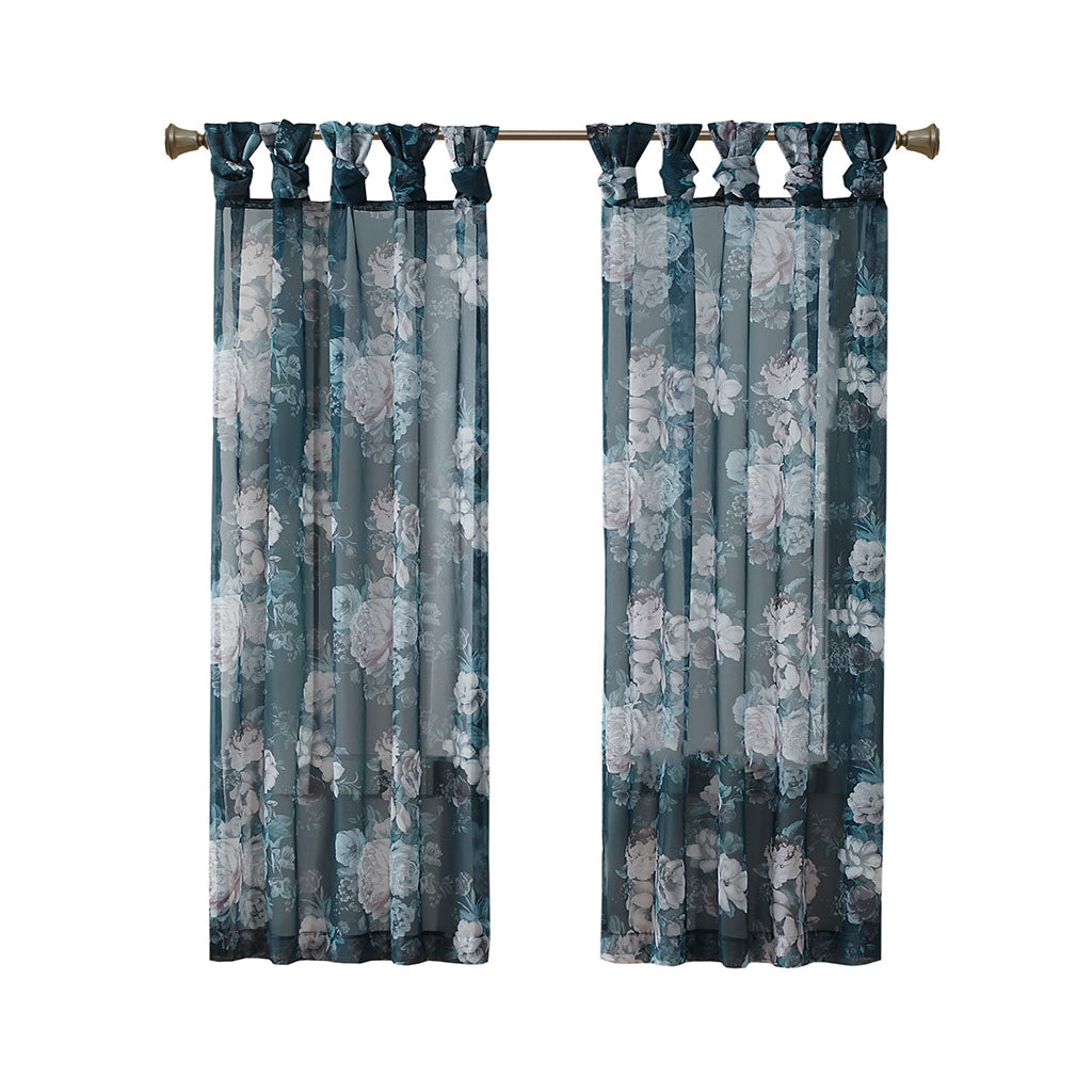 Printed Floral Twist Tab Top Voile Sheer Curtain Only 1 Pc Panel Navy Polyester