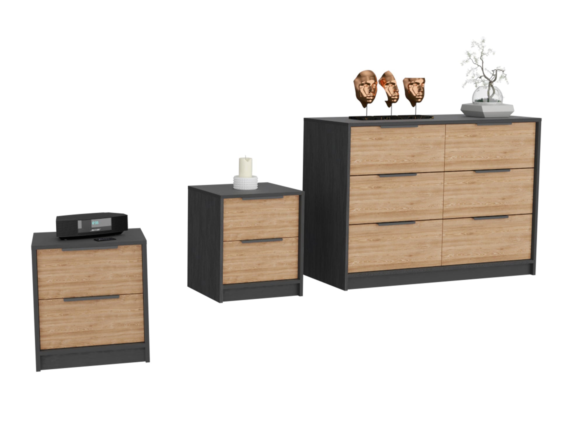 Centura 3 Piece Bedroom Set, Two Nightstands And Dresser, Black And Pine Brown Bedroom Engineered Wood