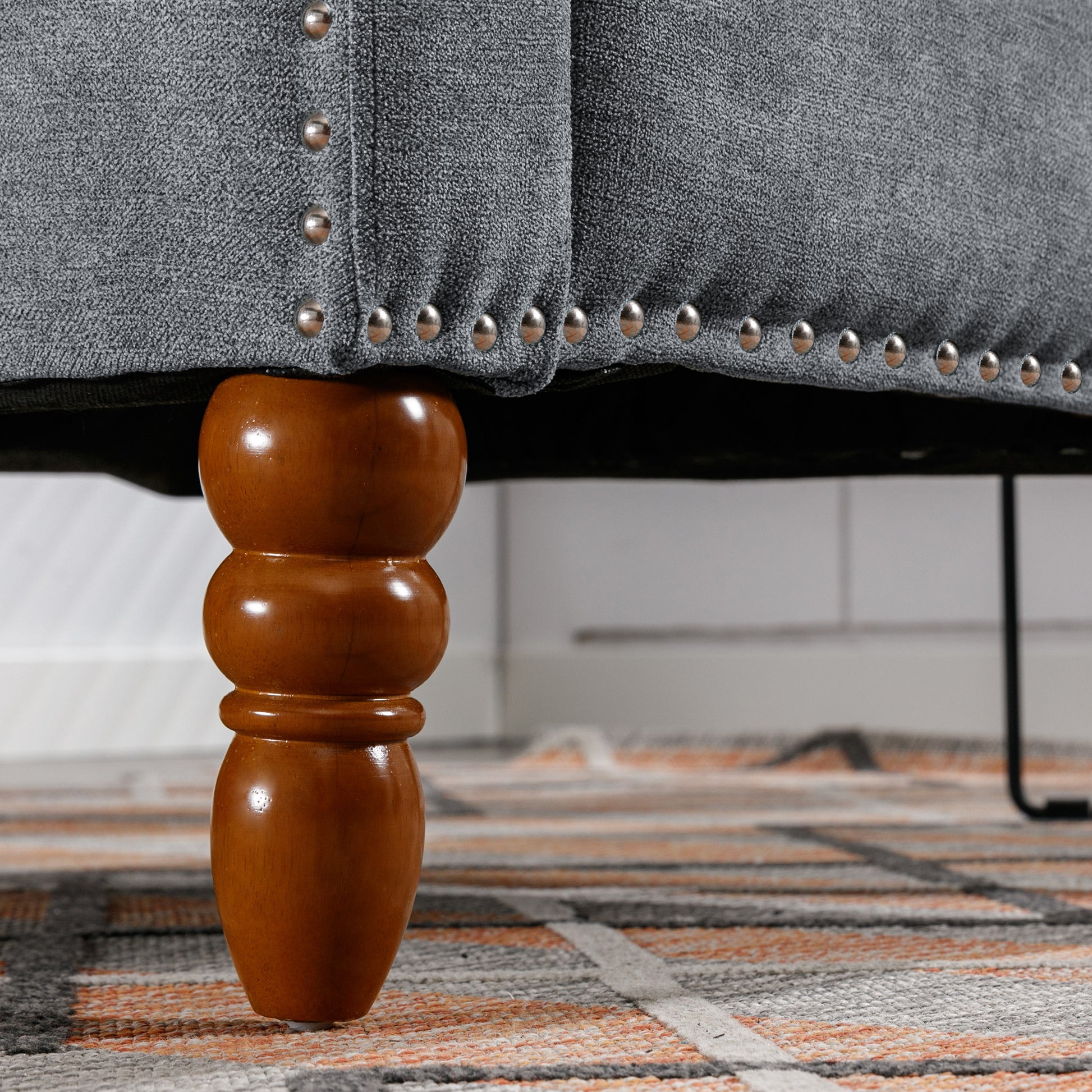 Grey Accent Chair, Living Room Chair, Footrest Chair Set With Vintage Brass Studs, Button Tufted Upholstered Armchair For Living Room, Comfy Reading Chair For Bedroom, Reception Room Grey Linen