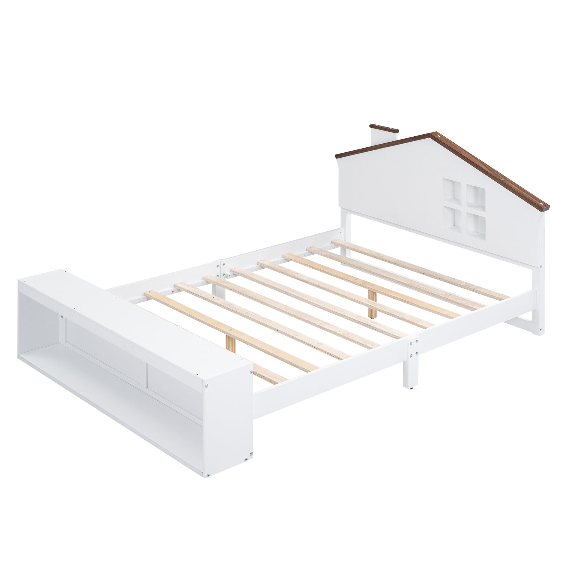 Full Size House Platform Bed With Led Lights And Storage, White Box Spring Not Required Full White Wood Bedroom Bed Frame Wood